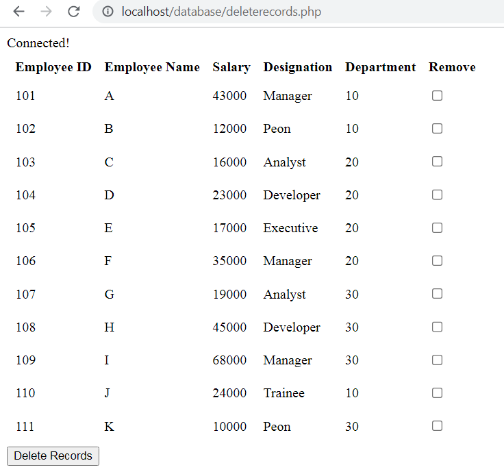 The Web Form for Deleting Multiple Records with mysqli in PHP