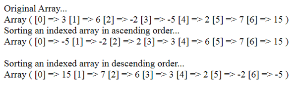 The Output of the Examples of Built-in Functions of Arrays in PHP - sort() and rsort() functions