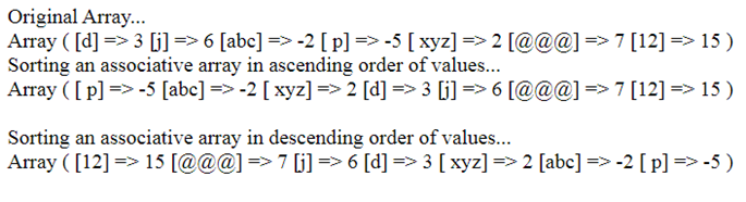 The Output of the Examples of Built-in Functions of Arrays in PHP - asort() and arsort() functions