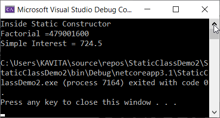 The output of the Program Demonstrating a Static Class Example in C#
