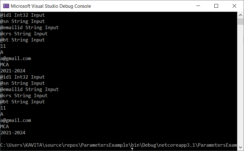 The Output of a Program Demonstrating the Parameter and ParameterCollection in ADO.NET