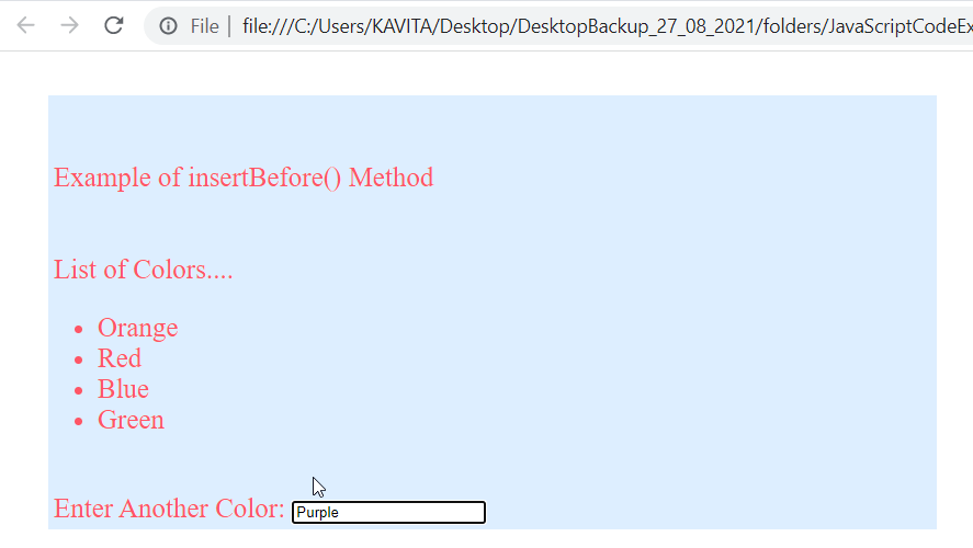 The Output of an Example of insertBefore() Method in JavaScript