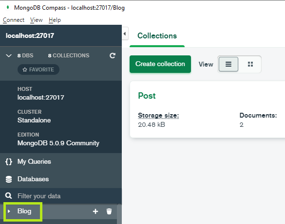 The Database Blog shown in the MongoDB Compass