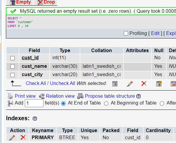 The Customer Database Table Before Execution of Above PHP Script