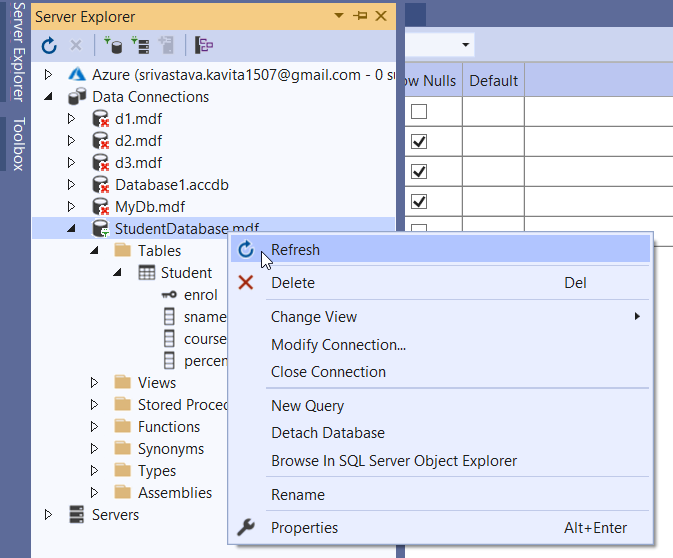 Database Table for Database Record Navigation Example