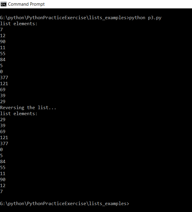 The output of the code to Reverse List Elements in Python.