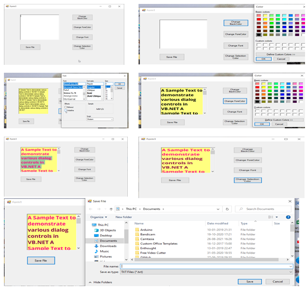 The Output of Code Examples of Dialog Controls in VB.NET