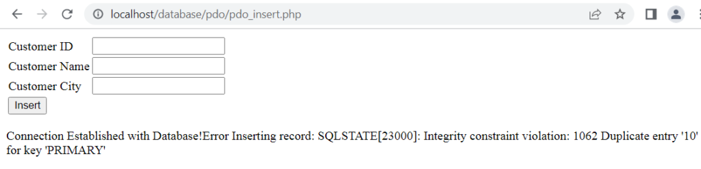 Inserting a Record in a MySQL Database Table Using PDO in PHP - Integrity Constraint Violation